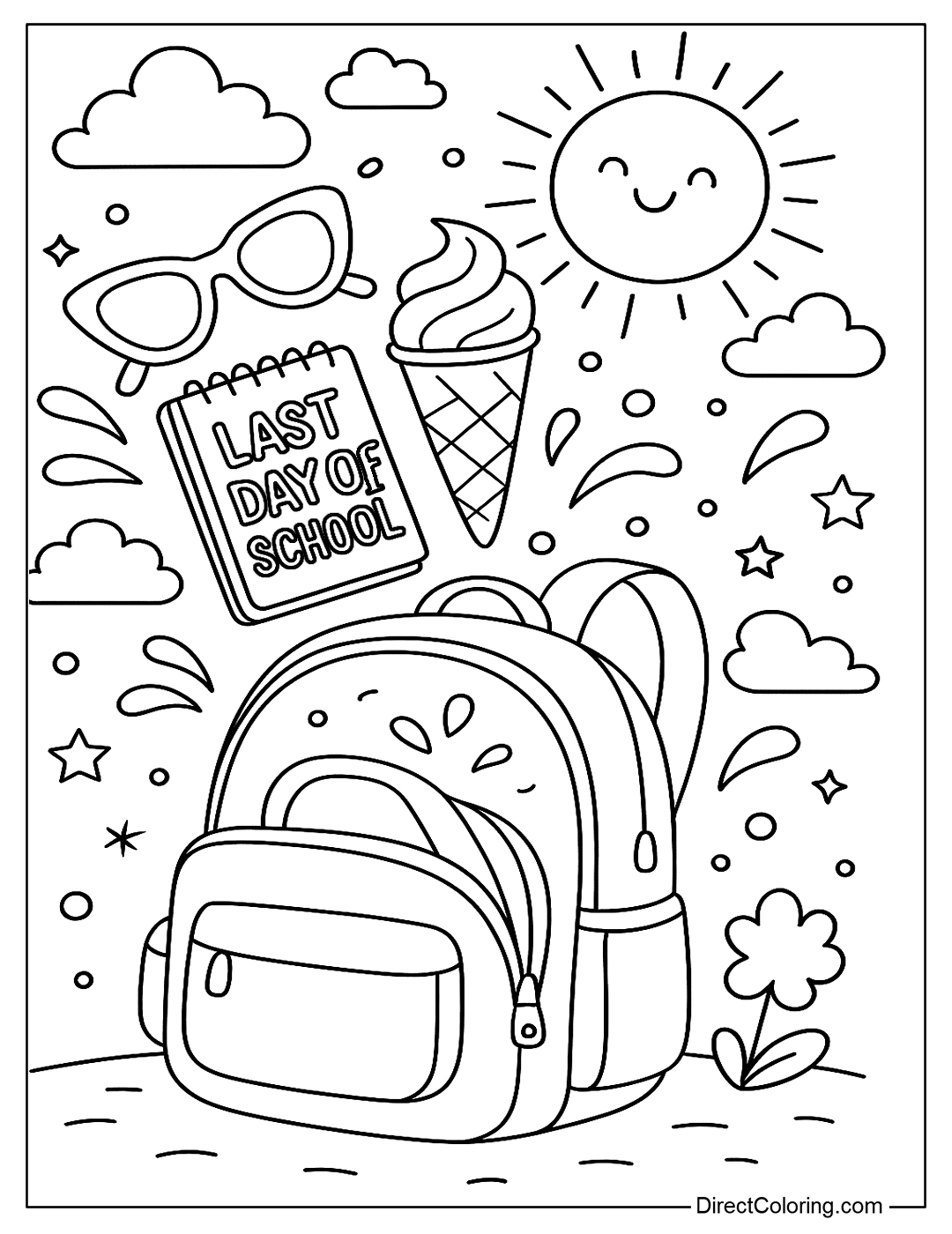 a coloring page of an open backpack that lets out summer symbols like sunglasses, ice cream, the sun, and a “Last Day of School” notebook.